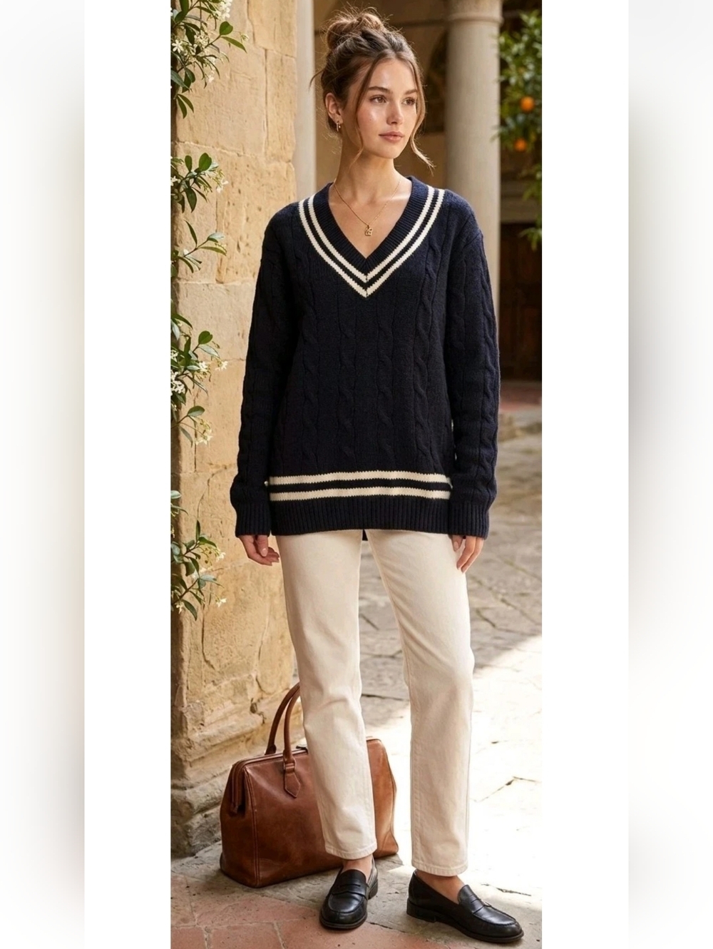 Brandy Melville Varsity V-Neck Cable Knit Wool Sweater Midnight Navy Preppy! O/S